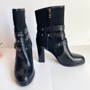 Milwaukee Performance Black Leather Triple Strap Round Toe Block Heel Boots